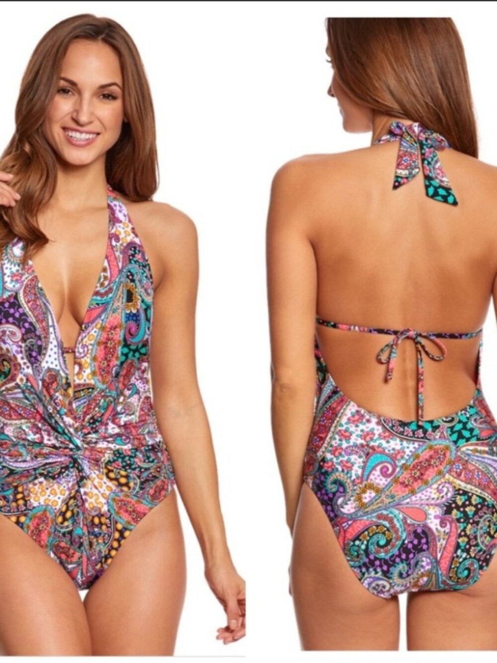 New Reaction Kenneth Cole Paisley One Piece Swimsuit Low Plunge Size Small